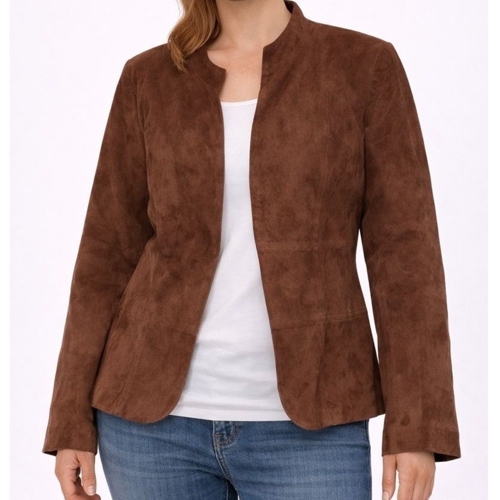 Jones New York Suede Leather Blazer Jacket Brown Collarless‎ Open Front Size S
